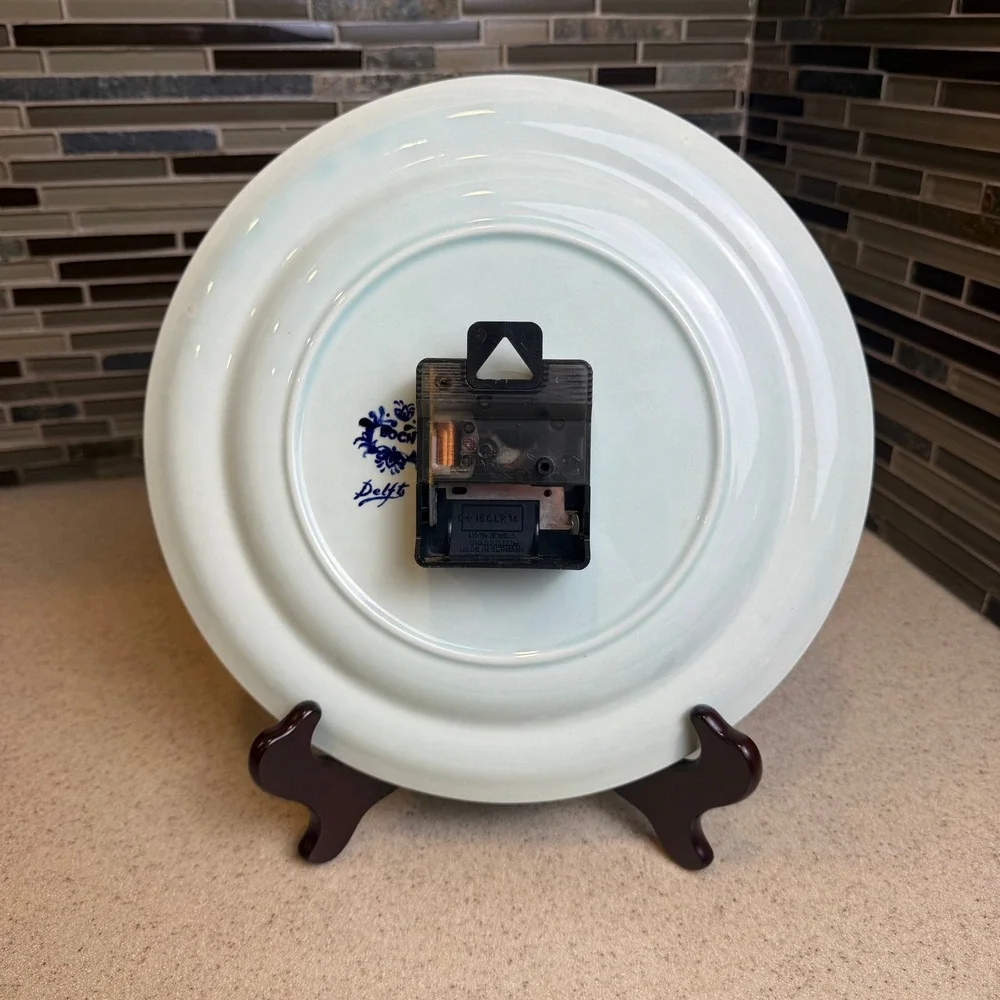Vintage Boch Delft Blue White Windmill Ceramic Plate Wall Clock Belgium WORKS
